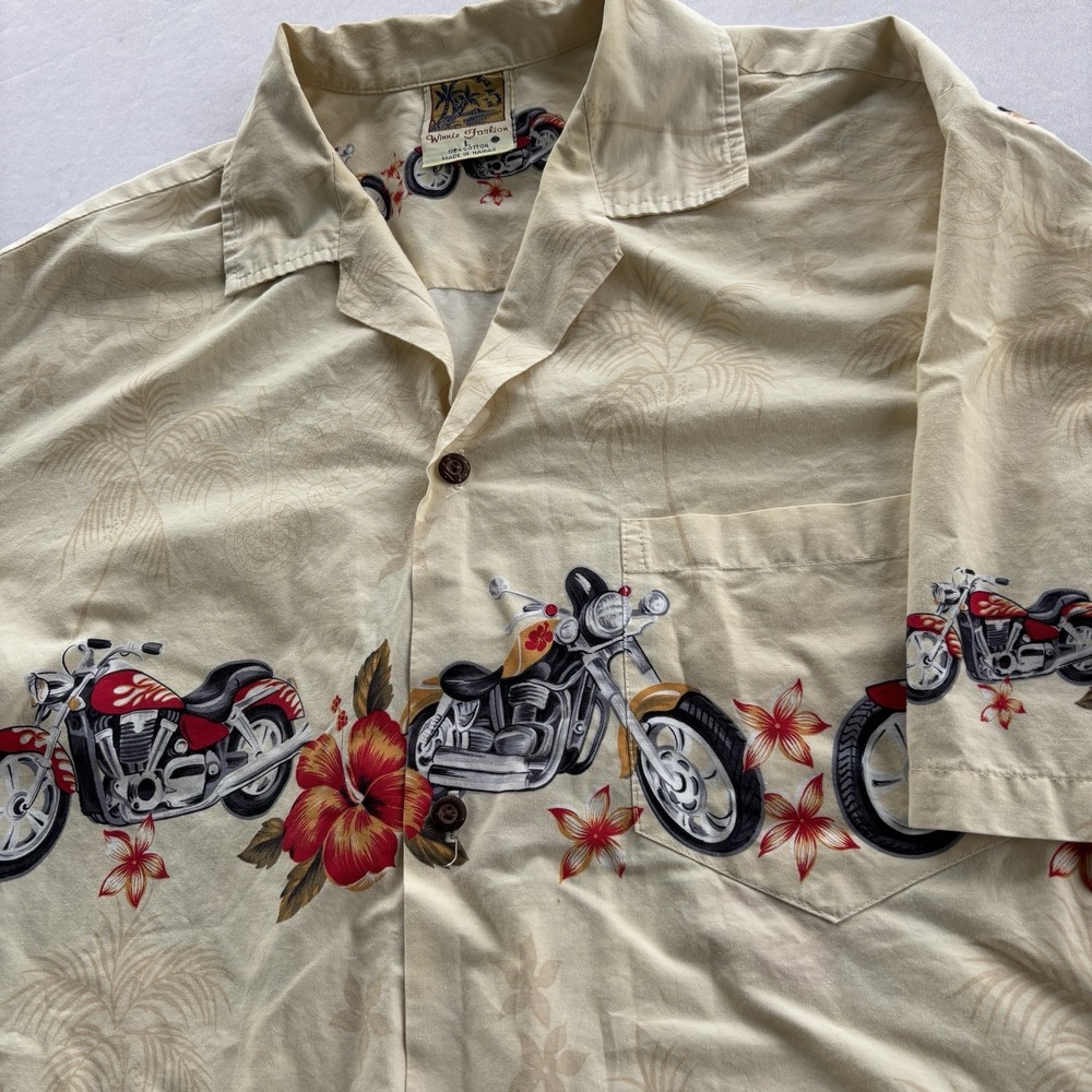 Winnie Fashion L Hawaiian Aloha Shirt Motorcycles Hibiscus Made in Hawaii Cotton